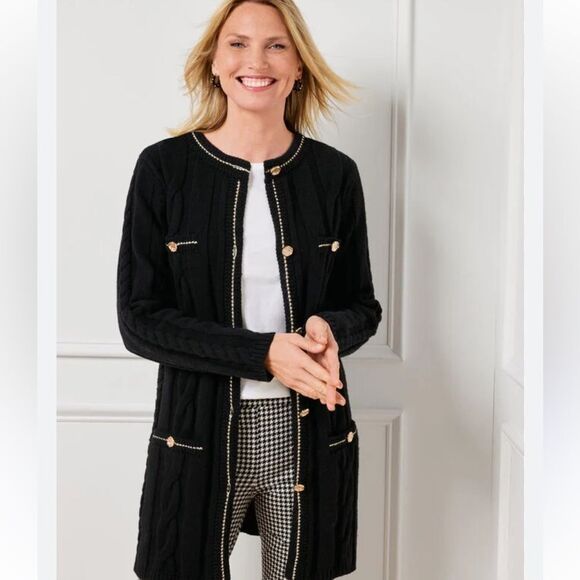 NWT Talbots 2X Black Wool Cable Knit Cardigna With Gold Buttons - Picture 1 of 6
